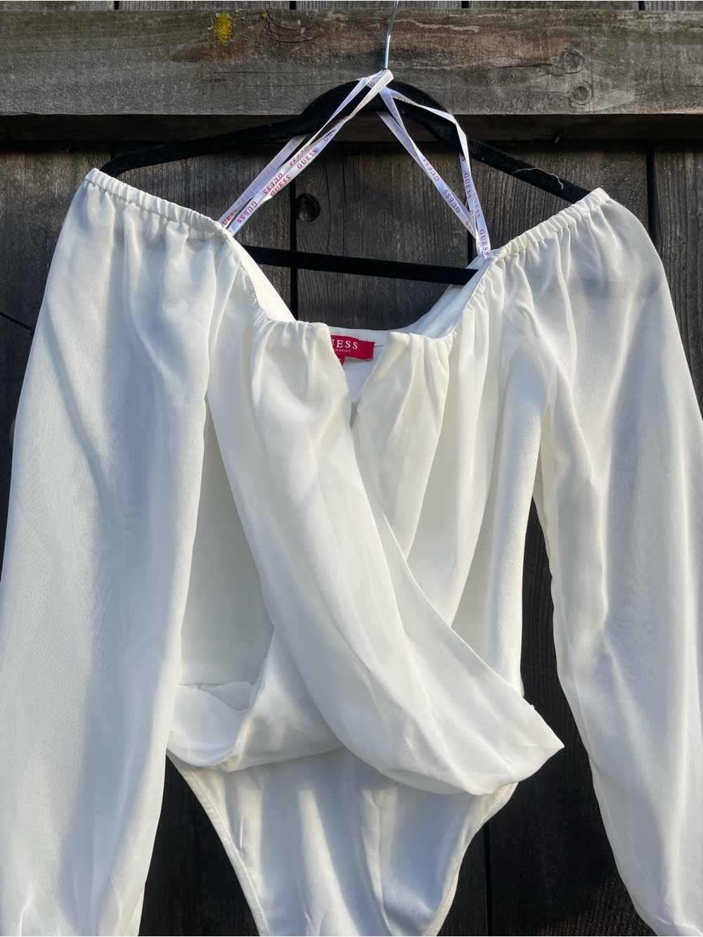 Guess Off-Shoulder Long Sleeve Bodysuit in Cream White - Picture 2 of 5
